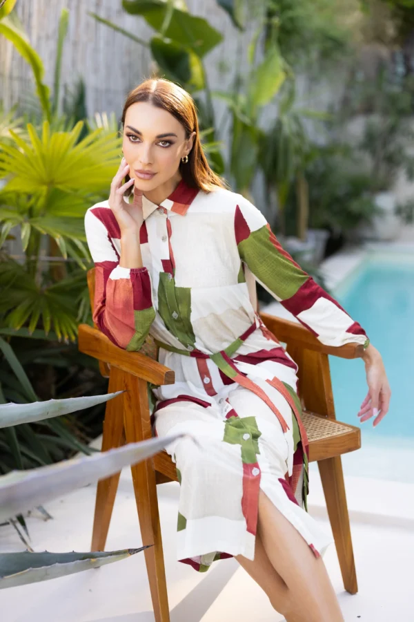 Rochie midi damă Mirabella – croială tip cămașă și imprimeu abstract