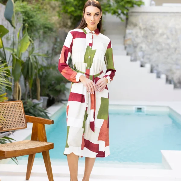 Rochie midi damă Mirabella – croială tip cămașă și imprimeu abstract