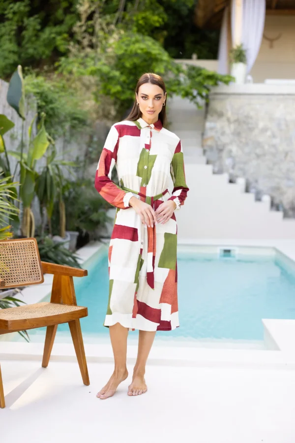 Rochie midi damă Mirabella – croială tip cămașă și imprimeu abstract