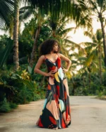 Rochie lungă damă Vanesa – imprimeu abstract și spate decupat