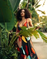 Rochie lungă damă Vanesa – imprimeu abstract și spate decupat