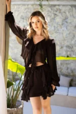 Compleu damă Beatrice – bluză scurtă și fustă mini -negru