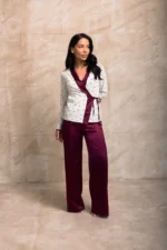 Pijama damă Love Story – bluză cu cordon și pantaloni satinați