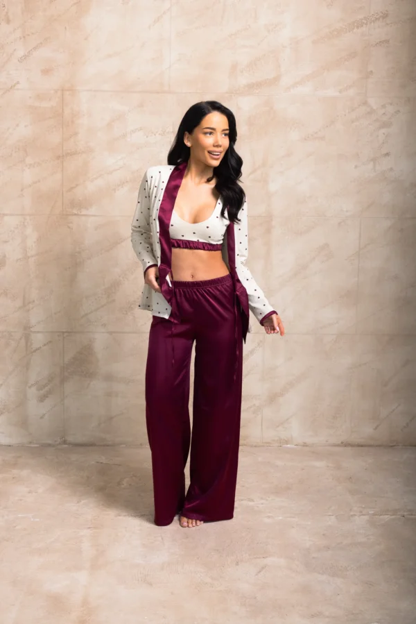 Pijama damă Love Story – bluză cu cordon și pantaloni satinați