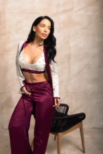 Pijama damă Love Story – bluză cu cordon și pantaloni satinați