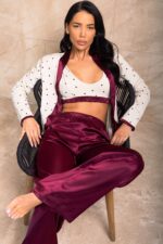 Pijama damă Love Story – bluză cu cordon și pantaloni satinați