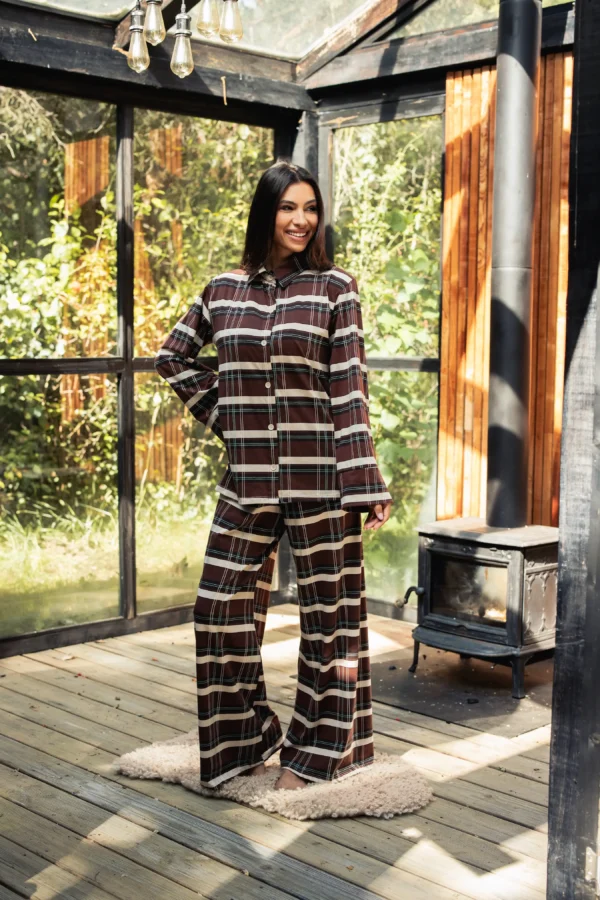 Pijama damă Paola – cămașă în carouri și pantaloni lungi
